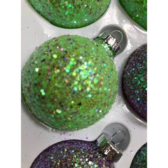 Christmas Ornament Set Of 12 Glitter Green & Purple Baubles Globe Hand-Painted M - Picture 3 of 6